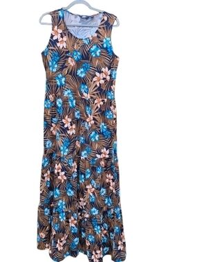 Lands' End Sleeveless Tropical Floral Maxi Dress in Blue Brown Size M T